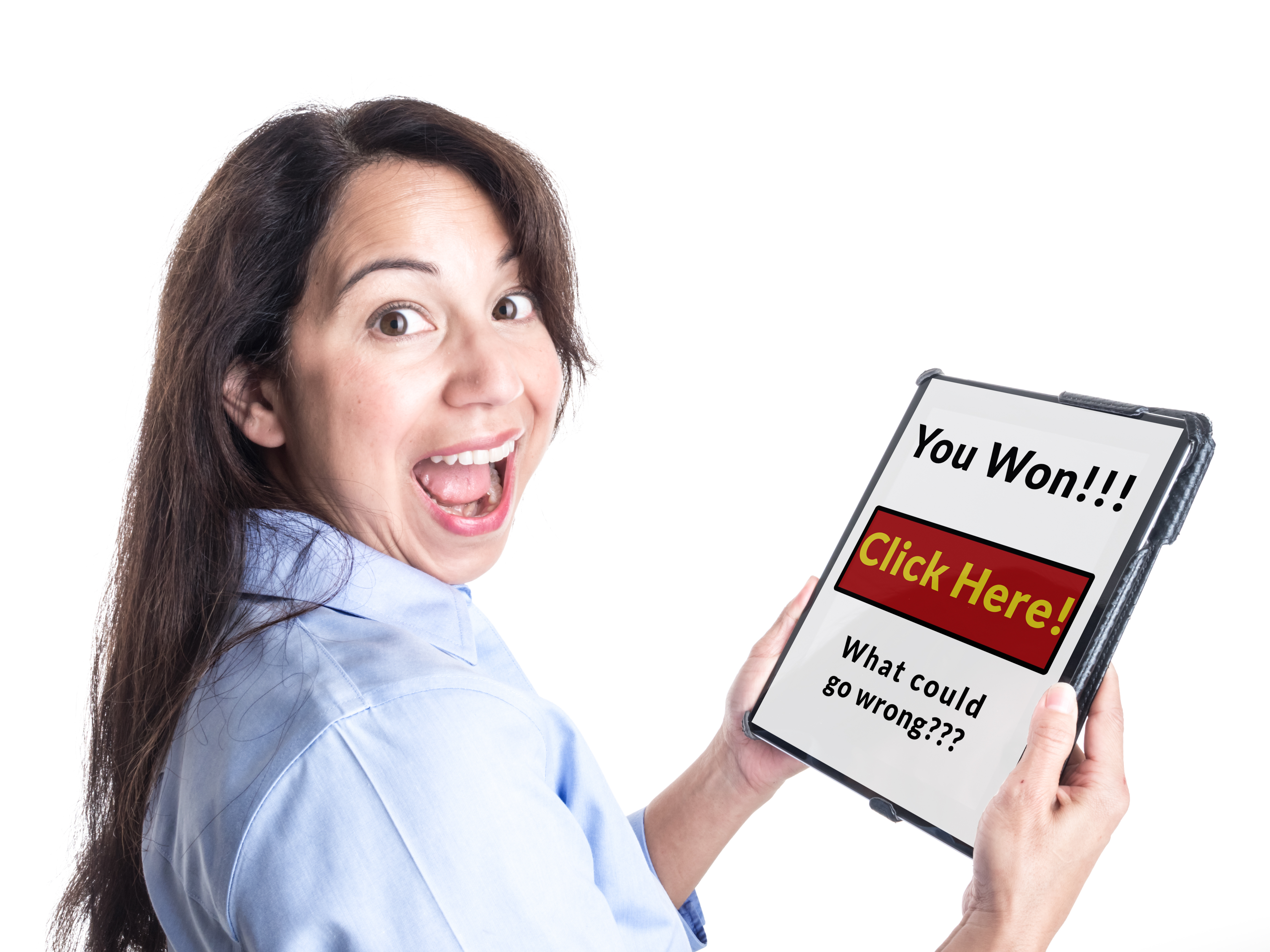 Woman holds a tablet with a message that says she has won